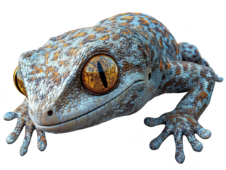 Close-up of a vibrant gecko with mesmerizing orange eyes and a textured spotted skin pattern.