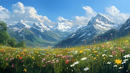 Fototapeta premium Serene alpine meadow with wildflowers blooming, a gentle breeze rustling the grass, and snow-capped mountains towering in the distance