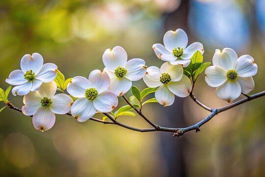 Close-up view of a dogwood branch with blossoms isolated on white background
