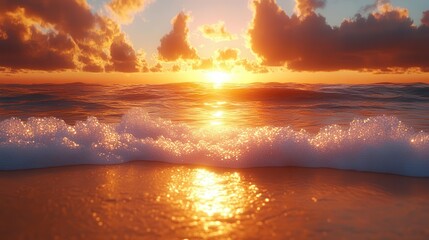 serene beach scene showcasing soft golden sands and gentle waves under a stunning orange and gold sunset the tranquil atmosphere invites relaxation and evokes feelings of a perfect holiday escape