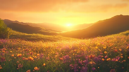 Obraz premium Serene meadow at sunset with wildflowers in full bloom, rolling hills in the background, and a soft golden glow illuminating the scene