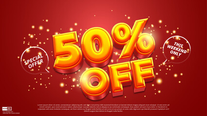 50% off sale banner poster template design with 3d editable vector text effect 