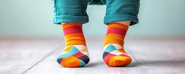 Close-up of mismatched socks on a child s feet, adding playful and youthful energy