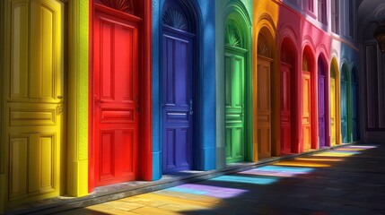 A row of colorful doors in an alley with light shining through.
