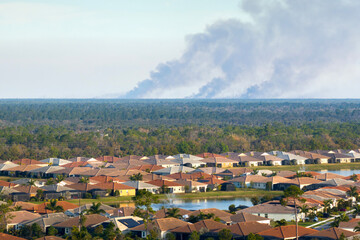 Prescribed fire smoke rising up over suburban neighborhood in Florida