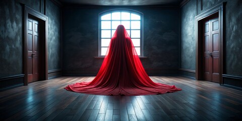 Red Drape in a Dark Room with Two Doors and a Window, mystery, shadow