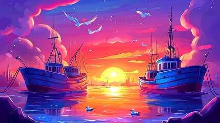 Obraz premium Two Fishing Boats at Sunset with Seagulls.