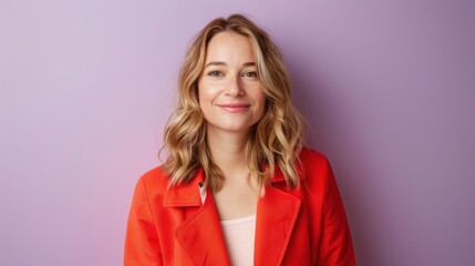Fototapeta premium Confident Woman in Red Jacket Against Lavender Background for Modern Fashion Advertising