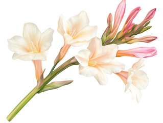Naklejka premium Delicate white and pink gladiolus flowers against a transparent background.