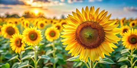 Closeup view of a panoramic sunflower field with other sunflowers out of focus