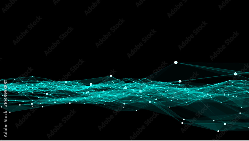Poster blue futuristic moving wave. digital background with moving glowing particles and lines. big data vi