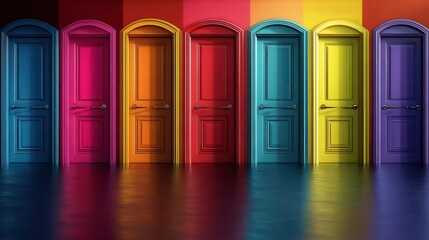 Fototapeta premium A row of seven colorful doors with arched tops, each a different color of the rainbow, against a colorful wall.