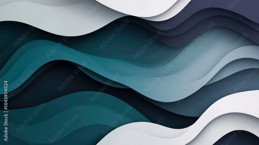 Poster abstract wavy background with blue, white and dark gray colors in a layered paper cut style.