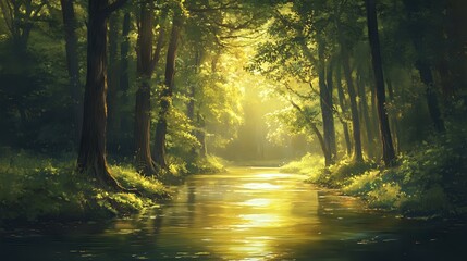 Obraz premium Tranquil river winding through a dense forest with tall trees on both sides, soft sunlight illuminating the watera??s surface