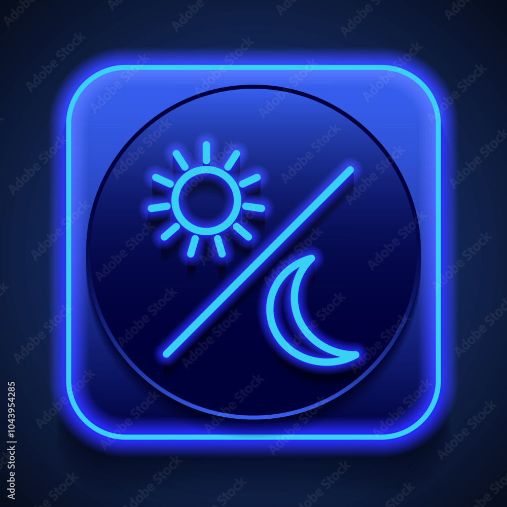 Poster sun moon simple icon vector. flat design. blue neon style on button. with shadow