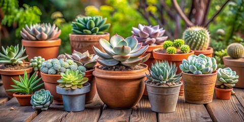 Succulent Garden Variety A Close Up Arrangement of Diverse Succulents in Terracotta Pots on Wooden Plank Table, succulents, garden