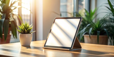 Fototapeta premium Sunlight on Tablet Screen with Plant, Minimalist, Mockup, tablet, mockup, minimal, background