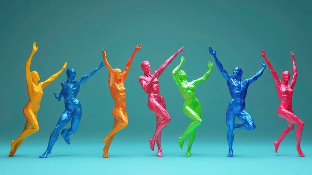 Seven colorful, geometric figures in various poses, standing in a row against a blue background, all with arms raised. - Powered by Adobe