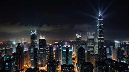 Naklejka premium A panoramic view of a modern city skyline at night, illuminated by the lights of the skyscrapers and the city lights.