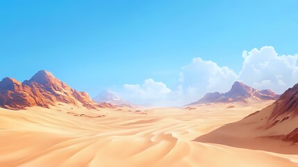 Naklejka premium Vast desert with towering sand dunes under a clear blue sky, the wind gently shaping the landscape, and a distant oasis on the horizon