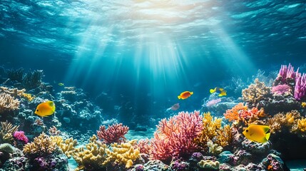Vibrant coral reef underwater with colorful fish swimming among bright corals, soft sunlight filtering through the watera??s surface