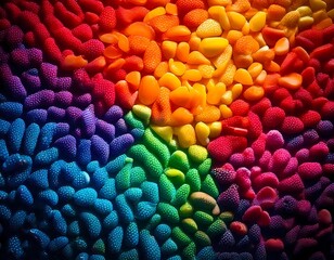 Colorful candy-coated pebbles create a vibrant and playful display on a flat surface