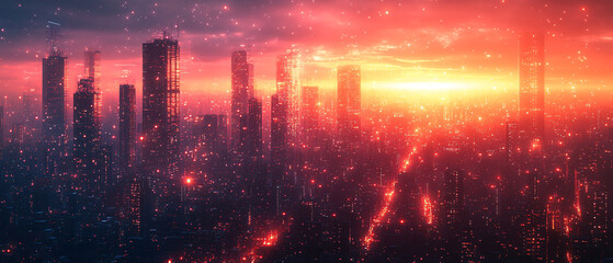 Fototapeta premium Futuristic Cityscape at Sunset with Glowing Lights and Skyscrapers
