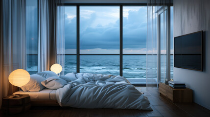 Cozy bedroom with ocean view at dusk featuring comfortable bedding and soft lighting