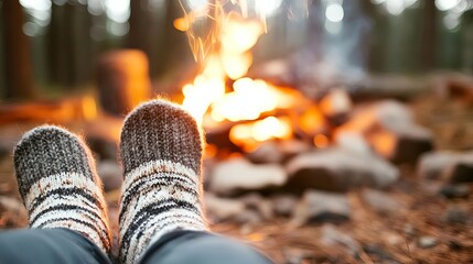 Feet in cozy wool socks, resting near a crackling campfire in a forest setting