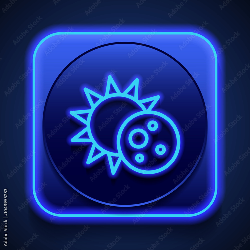 Poster sun and moon, eclipse simple icon vector. flat design. blue neon style on button. with shadow