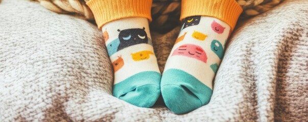 Feet in mismatched socks peeking out from under a blanket, showing off fun designs