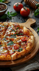 A pizza with basil and tomatoes on top