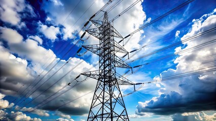 Close-up view of an electric tower cable with white clouds in background