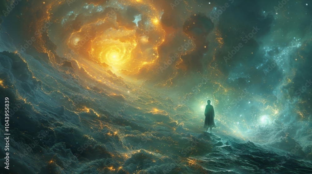 Poster in a realm beyond our comprehension an unbroken thread transcends all boundaries representing the et
