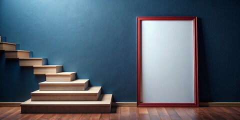 Wooden Staircase with Red Frame on Blue Wall, Interior Design, Home Decor , stairs, frame