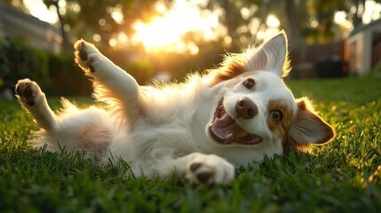 Happy dog playing in the grass during sunset.