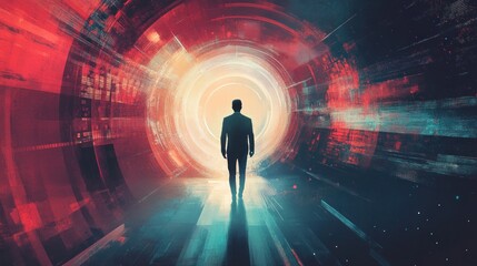 A figure walking towards a bright, abstract tunnel, symbolizing exploration and transformation.