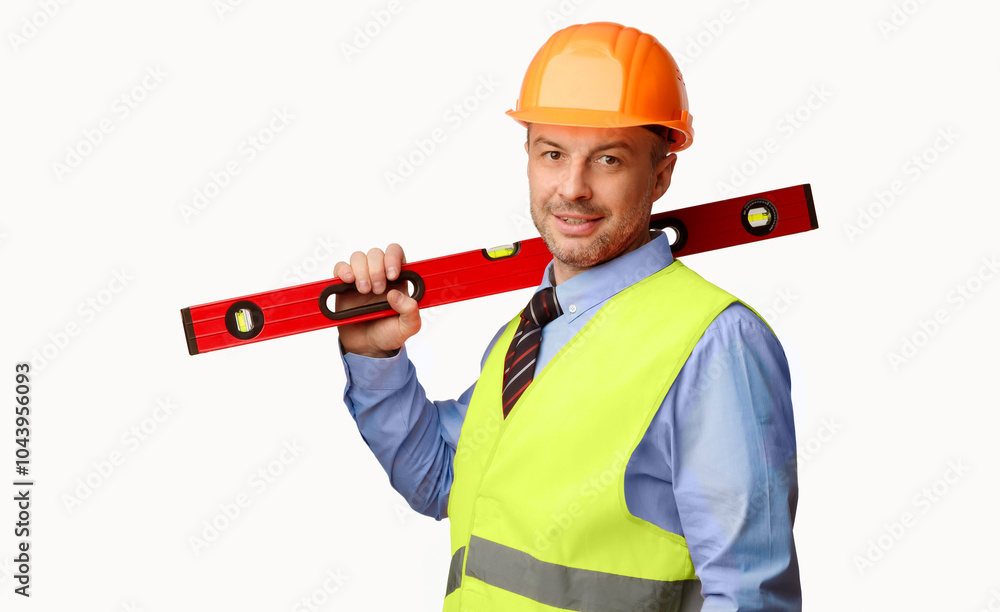 Aufkleber Worker Man Posing With Builder's Level Smiling To Camera Standing In Studio Over White Background. Building Equipment Concept. Copy Space