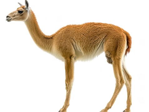 A graceful vicuña standing alert against a white backdrop, showcasing its golden-brown fur and slender frame.