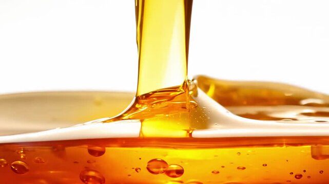 Golden honey stream pouring on white background