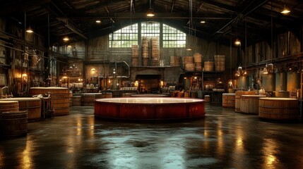 Industrial space with barrels and a central table.