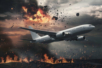 Plane navigates chaotic sky above fiery, debris filled landscape