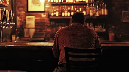 Obraz premium A solitary man sits at the bar, surrounded by the warm glow of liquor bottles.
