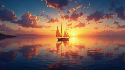 Fototapeta premium Sailor Silhouette Sunset Sail Boat Ocean Romantic Illustration Poster Summer Scene