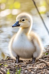 Obraz premium Gosling in Spring: Young White Greylag Goose in the Wild Nature