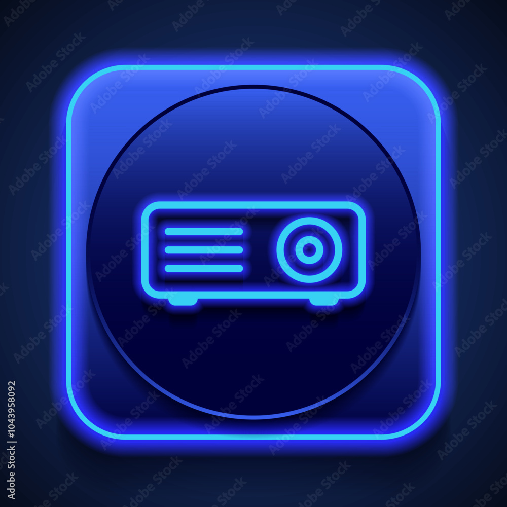 Poster projector simple icon vector. flat design. blue neon style on button. with shadow
