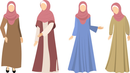 Muslim woman in hijab. Different color dresses on different women. Modern Muslim women in traditional hijabs.