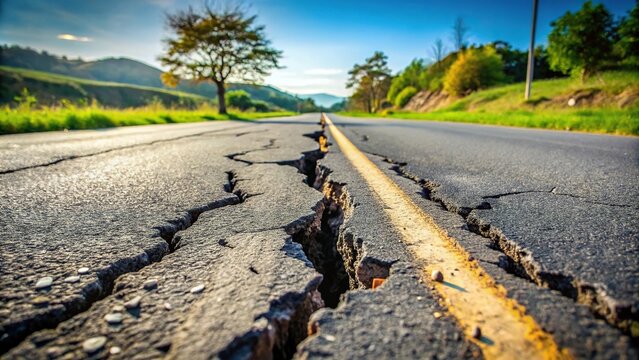 Close-up view of cracked and broken asphalt road after earthquake disaster