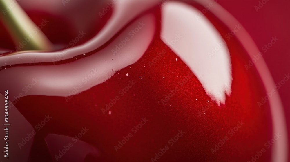 Poster a macro shot of the glossy red surface of a cherry, highlighting its smooth texture and rich color.