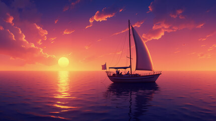 Fototapeta premium Sailor Silhouette Sunset Sail Boat Ocean Romantic Illustration Poster Summer Scene